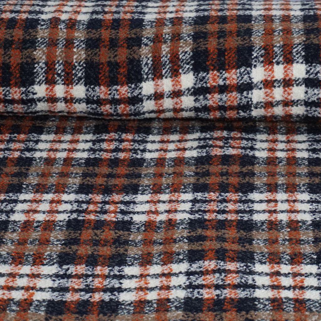 Bouclé Mantelstoff Karo blau rost beige